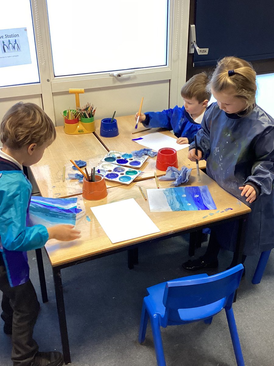 StNicksEarly's tweet photo. #StNicksReception have been hard at work this week creating some beautiful penguin artwork. They used different shades of blue as well as white to create some Winter backgrounds and then made penguins out of card. #StNicksArt #StNicksLower https://t.co/58SH8J3PZC