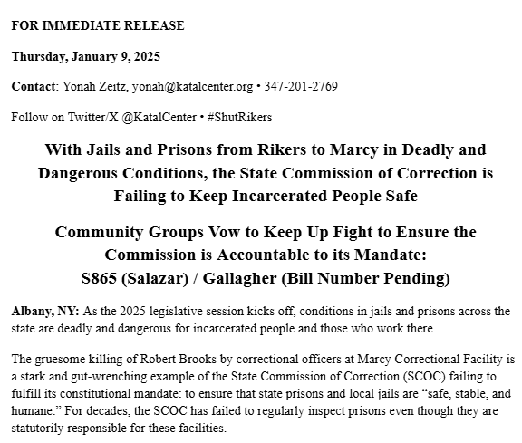 katalcenter's tweet photo. RELEASE: With jails &amp; prisons from Rikers to Marcy in deadly and dangerous conditions, the State Commission of Correction is failing to keep incarcerated people safe. We're fighting to ensure the Commission is accountable to its mandate.

See release here: https://t.co/SBGXNnaSgh https://t.co/1CsaPSgeE2