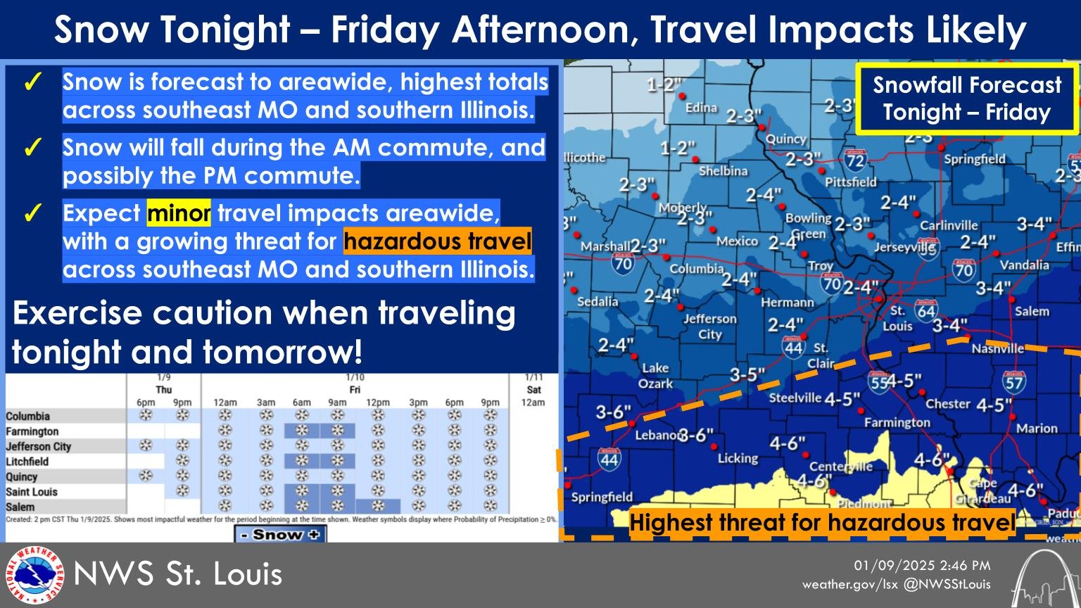 This graphic shows an expected snowfall accumulation map, and a timeline of snowfall at select cities in the region.
