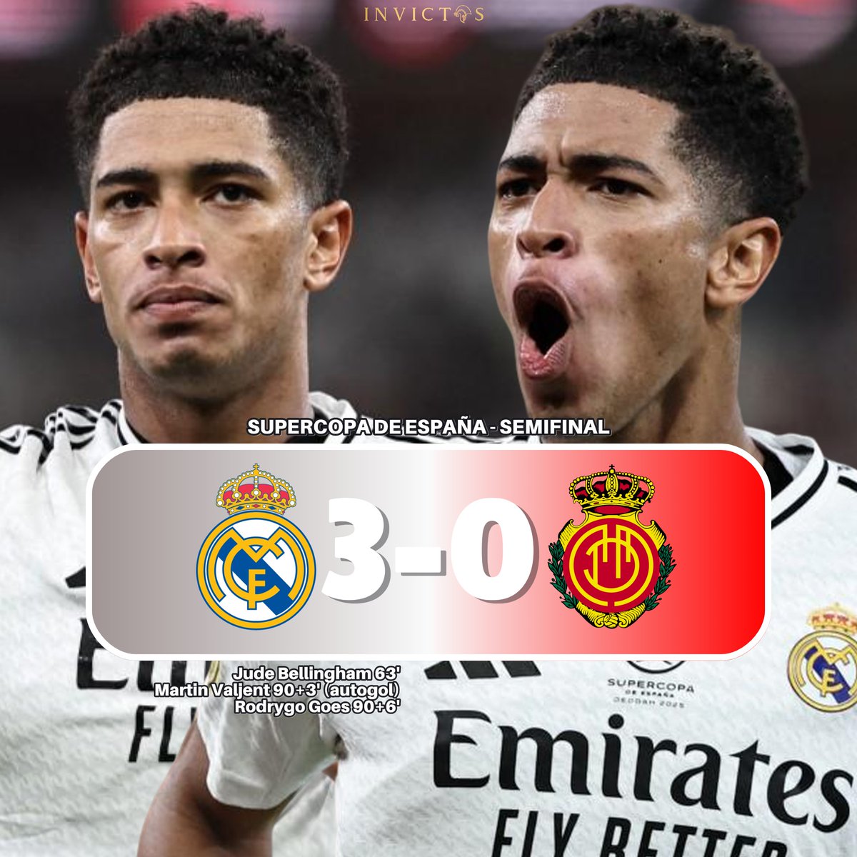 InvictosSomos's tweet photo. ¡¡EL REAL MADRID AVANZÓ A LA FINAL DE LA SUPERCOPA DE ESPAÑA!! Con gol de Bellingham, un autogol y una anotación del cumpleañero Rodrygo Goes, el Real Madrid goleó a un combativo Mallorca y se clasificó a la FINAL de la Supercopa de España. Si bien al equipo de Carlo Ancelotti le costó romper el candado rojo, lo terminaron ganando con total y merecimiento. Vinicius tuvo una noche complicada contra Maffeo, pero mejoró en el segundo tiempo. Notable lo de Camavinga en el mediocampo. Imperial Bellingham, que una vez apareció cuando más lo necesitaba (ojalá la molestia que sintió en el cierre no le impida estar en la final). Y Mbappé, pese a no marcar, estuvo muy participativo y completó una buena actuación. El duelo por el título será el próximo domingo contra el FC Barcelona. Sí, viene un NUEVO CLÁSICO DECISIVO.