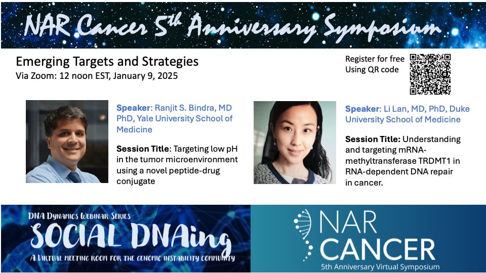 NAR Cancer 5th anniversary symposium - fantastic first session today. Ranjit Bindra on development of innovative peptide-drug conjugate CBX-12 and Li Lan on RNA methyltransferase TRDMT1 as an emerging target. Recordings available for a limited time: fast.wistia.com/embed/channel/…