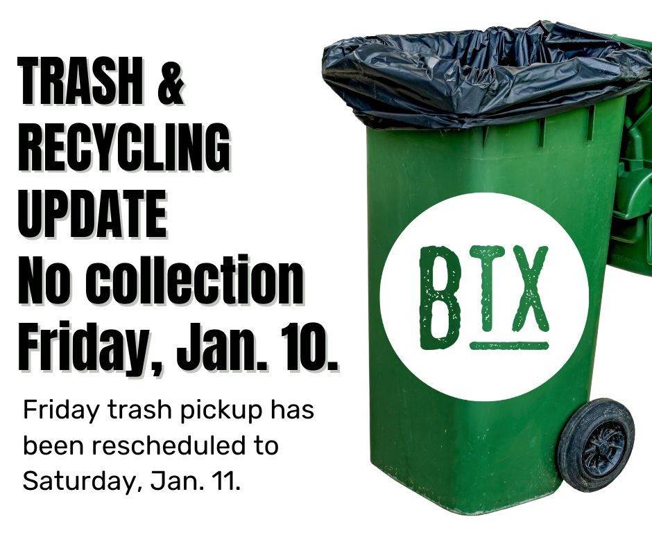 Waste Connections will not operate on Fri Jan 10.

Residents with Fri collection will be picked up on Sat, Jan 11.

If your recycling was not collected on Thurs, it will be collected on Sat. Fri recycling will be collected next week. 
More info: burlesontx.com/2812/Winter-We…