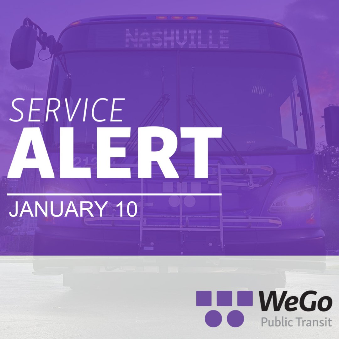 Stay safe and plan ahead! On Friday, January 10, WeGo will operate on a Saturday schedule. WeGo Star, Star Shuttles (Routes 64 &amp; 93), and Routes 9, 41, 84 will run as usual. All other regional services are suspended. WeGo Access may experience delays.

wegotransit.com/ride/weather-a…