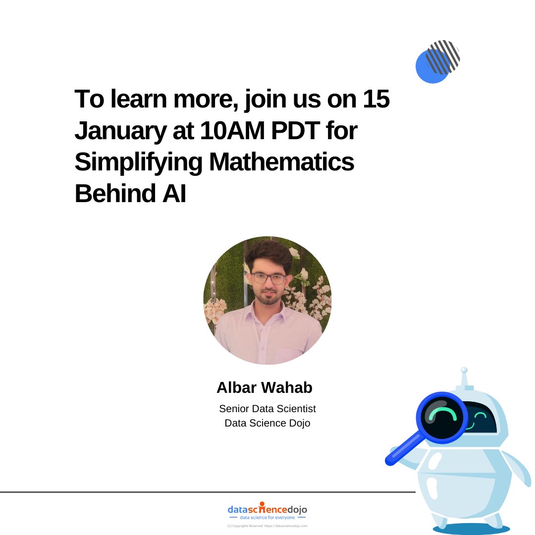DataScienceDojo's tweet image. How is math the backbone of AI? 🤔
Join us on January 15 at 10 AM PDT with Albar Wahab for a beginner-friendly webinar exploring how mathematics drives artificial intelligence. 
RSVP now: hubs.la/Q031Yppn0
#MathForAI #VectorEmbeddings #VectorSimilarity #CosineSimilarity