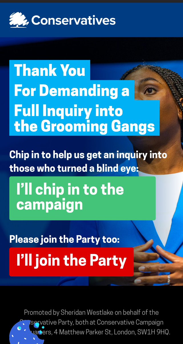 AdamBienkov's tweet image. The Conservative party is now using the grooming gangs scandal to raise money for itself.

A reminder that Kemi Badenoch's spokesman admitted yesterday that she hasn't even bothered to speak to any of the victims, and doesn't see the need to.