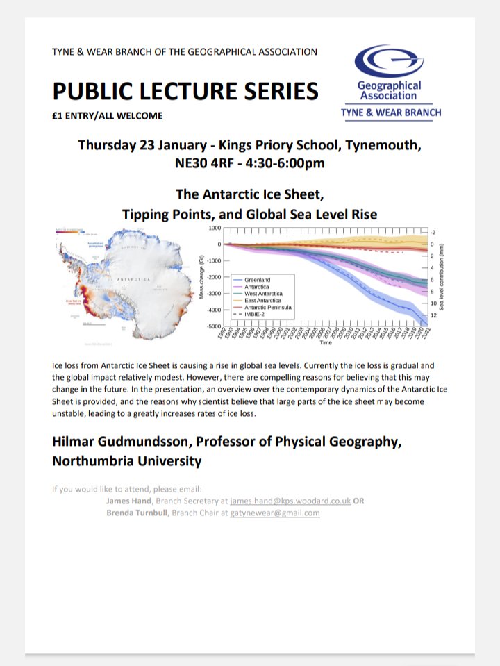 @GA Tyne & Wear (@ga_tyne) on Twitter photo Join us for our next talk, ‘The Antarctic Ice Sheet, Tipping Points and Global Sea Level Rise’, Thursday 23 January, 4:30 pm to 6:00 pm at Kings Priory School, Tynemouth. See pic for details 👇
Led by <a href="/GHilmarGudmund1/">G Hilmar Gudmundsson</a> Professor of Physical Geography, Northumbria University 🌍 Join us for our next talk, ‘The Antarctic Ice Sheet, Tipping Points and Global Sea Level Rise’, Thursday 23 January, 4:30 pm to 6:00 pm at Kings Priory School, Tynemouth. See pic for details 👇
Led by <a href="/GHilmarGudmund1/">G Hilmar Gudmundsson</a> Professor of Physical Geography, Northumbria University 🌍
