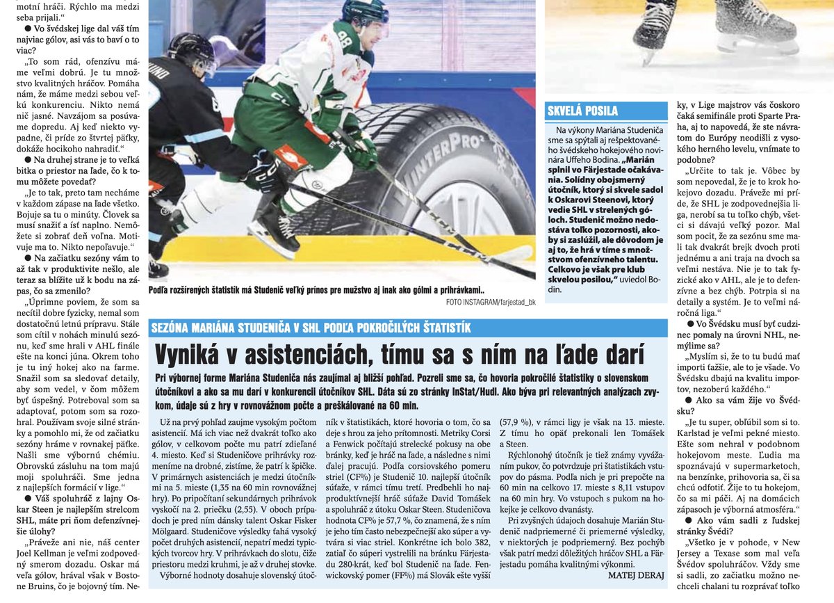 Lewysko's tweet photo. Keď poviem, že Marián Studenič je momentálne najlepší slovenský útočník v top európskej súťaži, až tak nepreženiem. Krídelník sa po návrate zo zámoria skvele chytil vo vedúcom tíme @SHLse @farjestad_bk Robili sme o ňom väčšiu tému v @DennikSport . Rozhovor, názor odborníka @UffeBodin a @MatoDeraj k tomu vytiahol zaujímavé štatistiky.