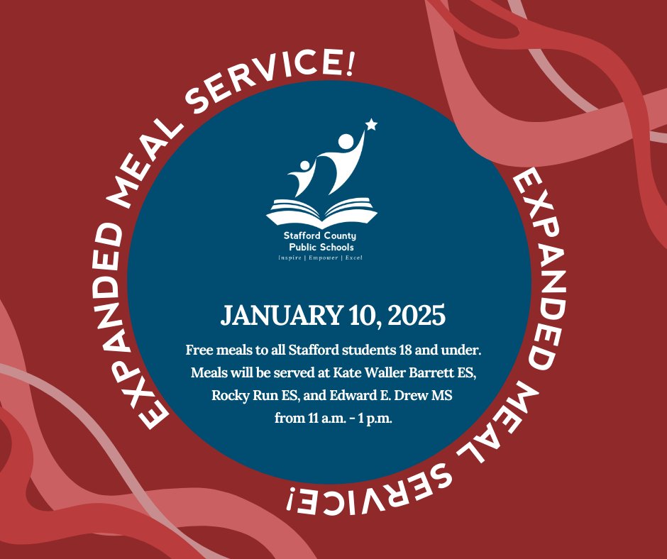We are excited to again offer free meals to all Stafford students aged 18 and under tomorrow. Service has been expanded and will be offered at three locations: Kate Waller Barrett ES, Rocky Run ES, and Edward E. Drew MS on Friday, January 10, from 11 a.m. to 1 p.m. Students are