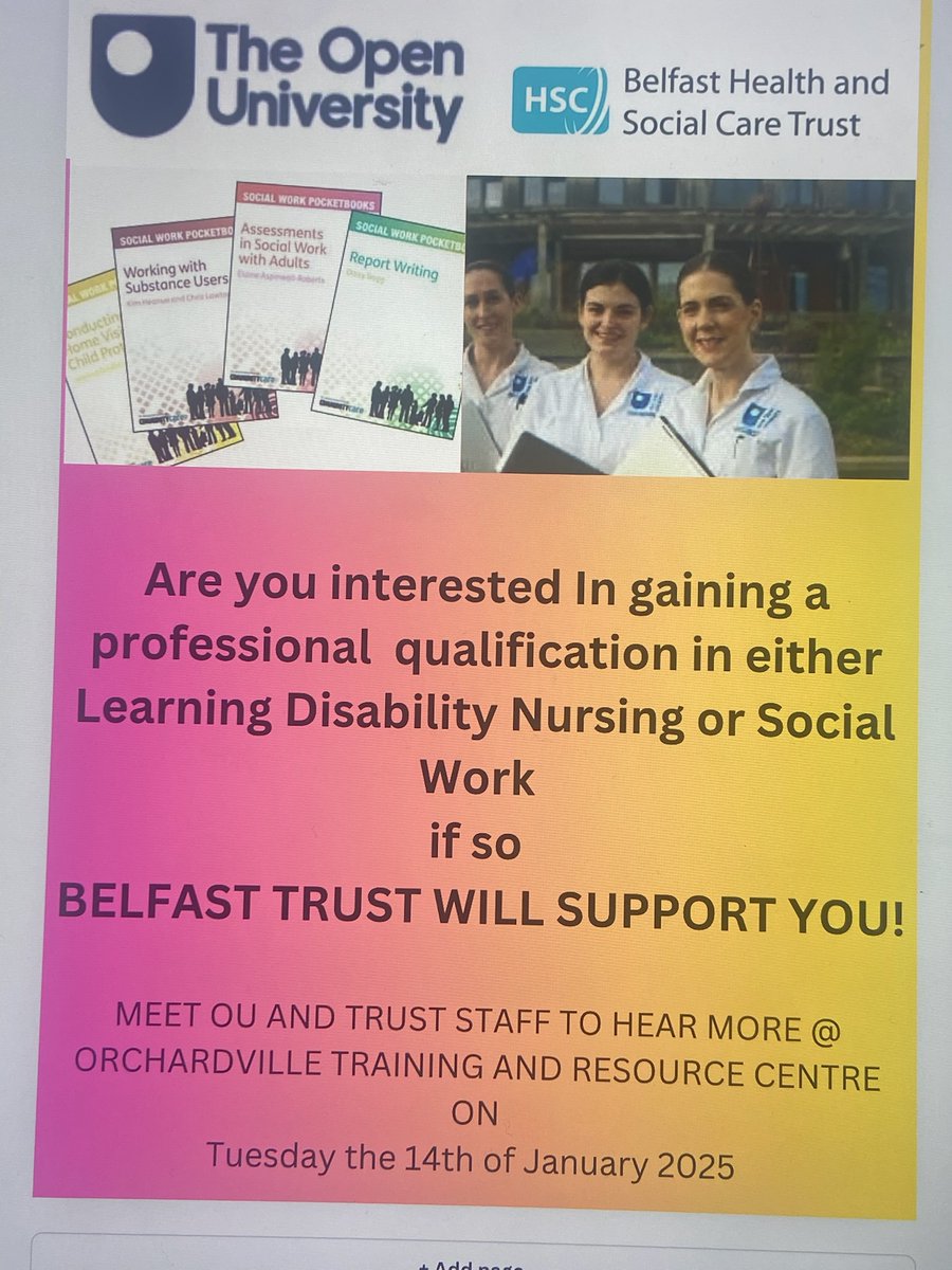 Dr Una St Ledger (@unaledger) on Twitter photo Interested in a career in Learning Disabilities? Come chat to <a href="/twitandjoy/">Michelle Curran</a> Zoe McCullough @frances479498872 <a href="/hcrawford2uk/">Helen Gadd</a>
<a href="/1SteveMcK/">Steve McKenna</a> <a href="/BelfastTrust/">Belfast Trust</a> & Clare Joyce <a href="/Meghugh49521502/">Meg hughes</a> <a href="/OUBelfast/">The OU in Northern Ireland</a> on Weds 14th Jan (10-2pm) & hear about OU Nursing & Social Work degrees. Venue below👇👇👇 Interested in a career in Learning Disabilities? Come chat to <a href="/twitandjoy/">Michelle Curran</a> Zoe McCullough @frances479498872 <a href="/hcrawford2uk/">Helen Gadd</a>
<a href="/1SteveMcK/">Steve McKenna</a> <a href="/BelfastTrust/">Belfast Trust</a> & Clare Joyce <a href="/Meghugh49521502/">Meg hughes</a> <a href="/OUBelfast/">The OU in Northern Ireland</a> on Weds 14th Jan (10-2pm) & hear about OU Nursing & Social Work degrees. Venue below👇👇👇