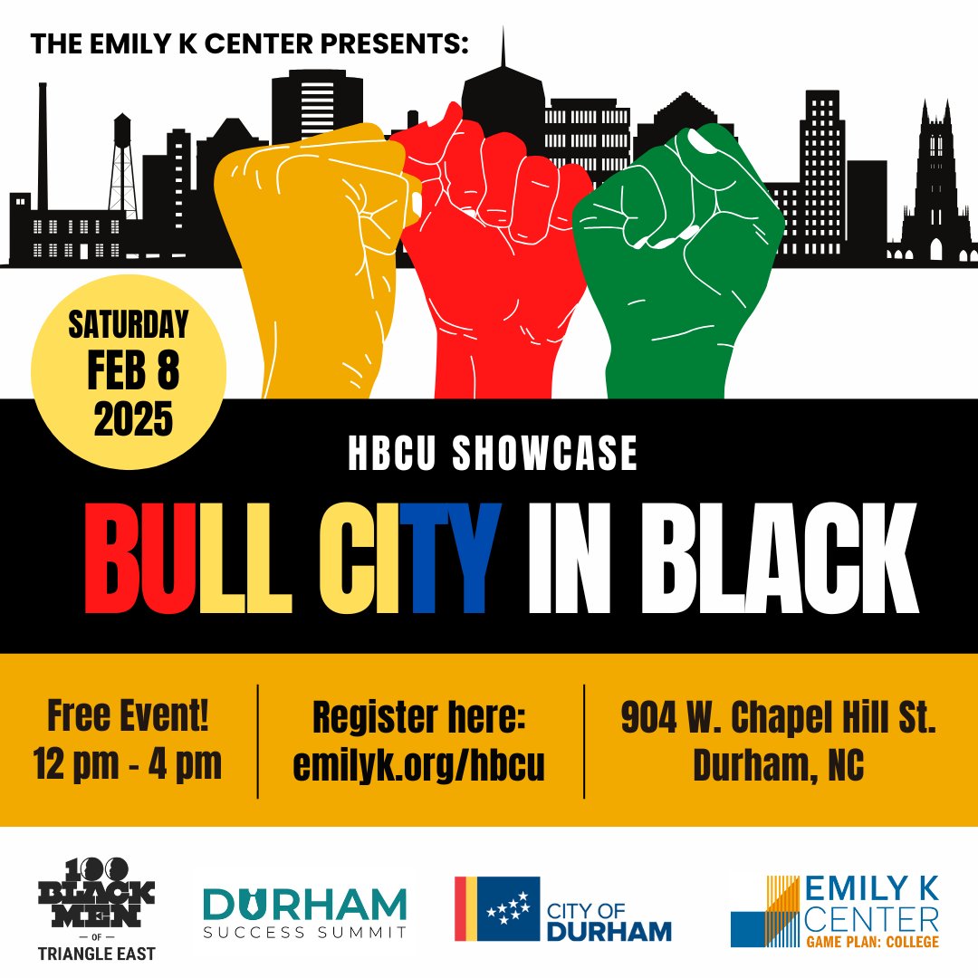 Our annual Bull City in Black event is coming up! Join us on February 8th to celebrate HBCUs, attend workshops, and learn more about admissions. Register at emilyk.org/hbcu