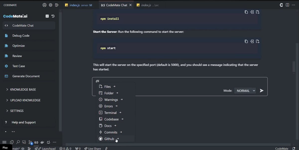 theayushsinghal's tweet image. Its Day 3 of @CodeMateAI  3.0 ✨

Our VS Code Extension now has Added additional capabilities to our context awareness with context from Terminal, Warnings, Errors and Git commits along with files, folders, multiple codebases, docs and repos. 

#development #AI #CodeMate