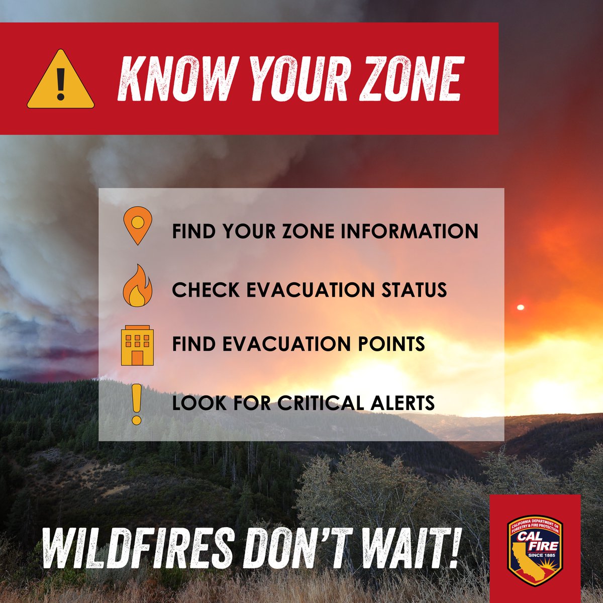 Many California counties use zones to announce evacuations. Knowing your zone could save your life during an emergency. When an evacuation order is issued, you need to act fast.

🚨Check with your county office of emergency services to sign up for local alerts and learn your
