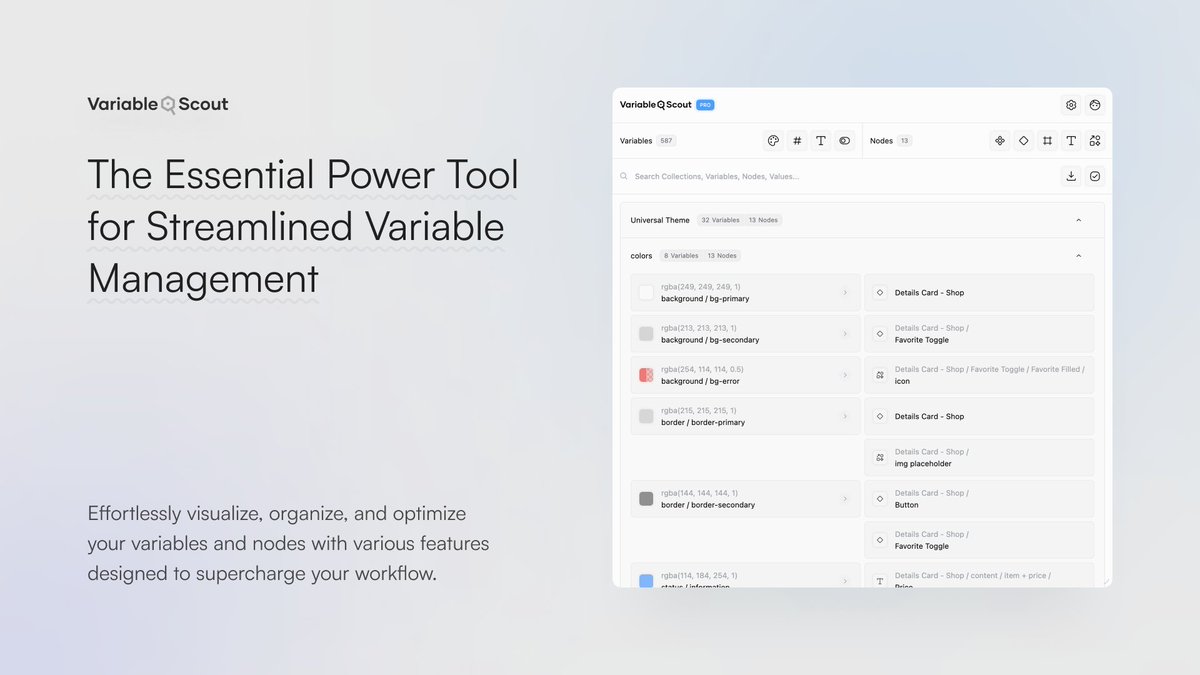 sascha_design's tweet image. After months of work, I’m proud to launch my new @figma plugin VariableScout.
Sometimes it’s easy to lose track of variables and nodes when working in Figma – I’ve been there myself. That’s why I built VariableScout: a plugin that helps you visualize, organize, and optimize your…