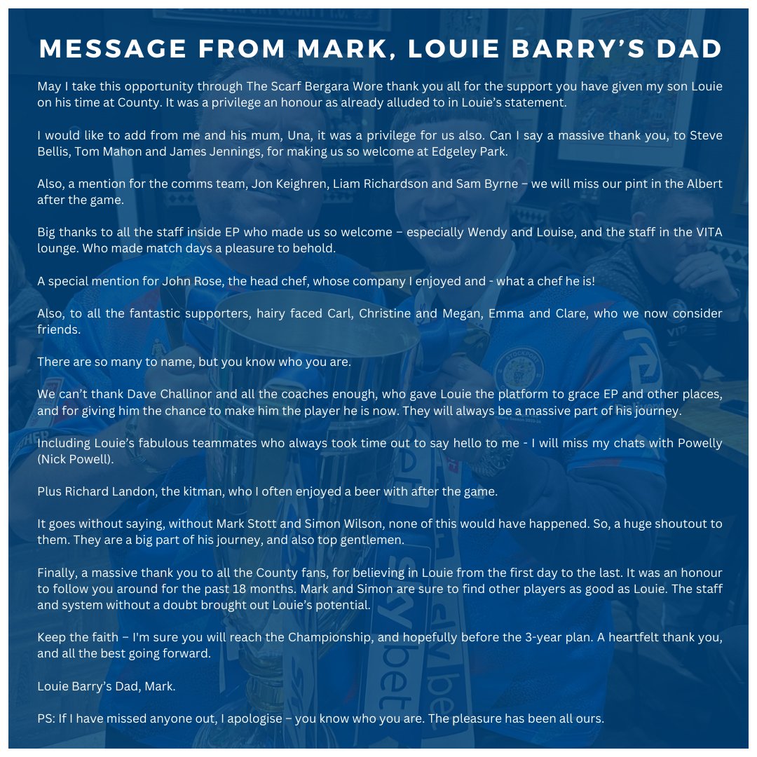 Mark Barry, father of Louie, asked <a href="/CountyPodcast/">The Scarf Bergara Wore Podcast</a> to publish the below message on behalf of the Barry family.

💙💙💙

#stockportcounty