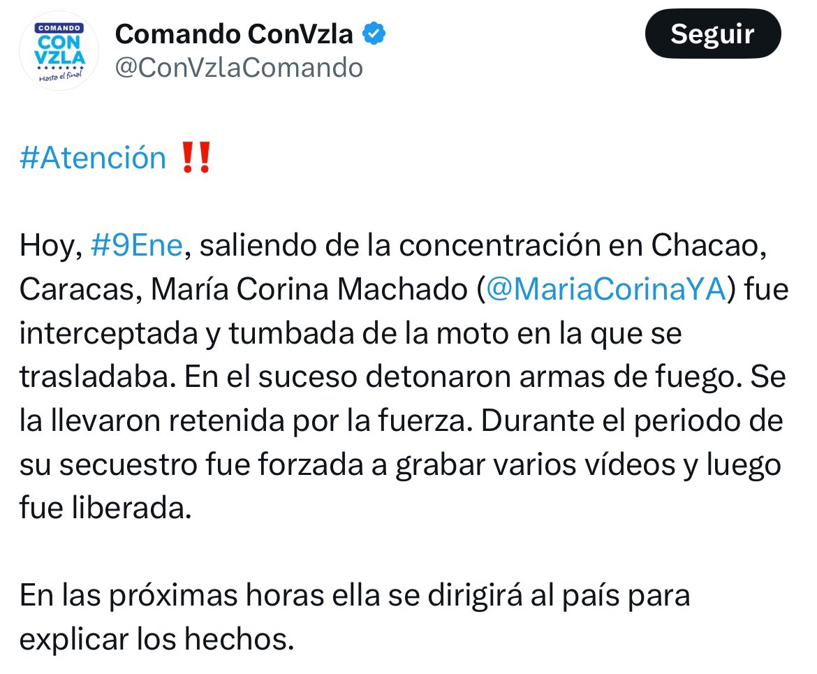 ‼️ Comando Con VZLA confirma que MCM fue se encuentra en libertad, sin embargo aclaran que fue forzada a grabar varios videos.

Además comunican que la líder opositorase dirigirá al país en las próximas horas.

•••
#SomosBQTO