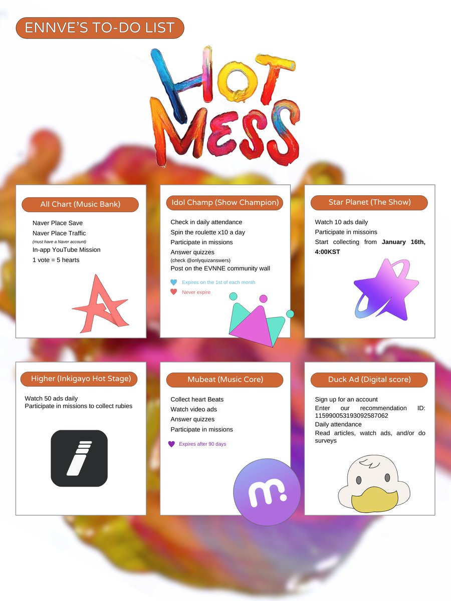 GlobalEVNNE's tweet image. [📢] EVNNE is back and so is ENNVE's daily TO-DO LIST📝

✅Collect red chamsims on IDOLCHAMP
✅Collect rubies on HIGHER
✅Collect hearts on ALL CHART
✅Collect heart beats on MUBEAT

▶️Use our referral ID on Duck Ad: 115990053193092587062

#EVNNE #이븐
#イブン @EVNNE_official