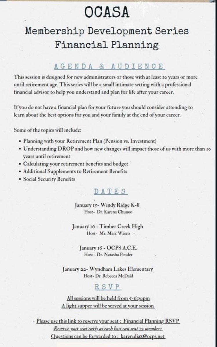 OCASA members! Heads up on a terrific membership development series regarding financial planning. Sessions are offered in multiple locations. See you there!