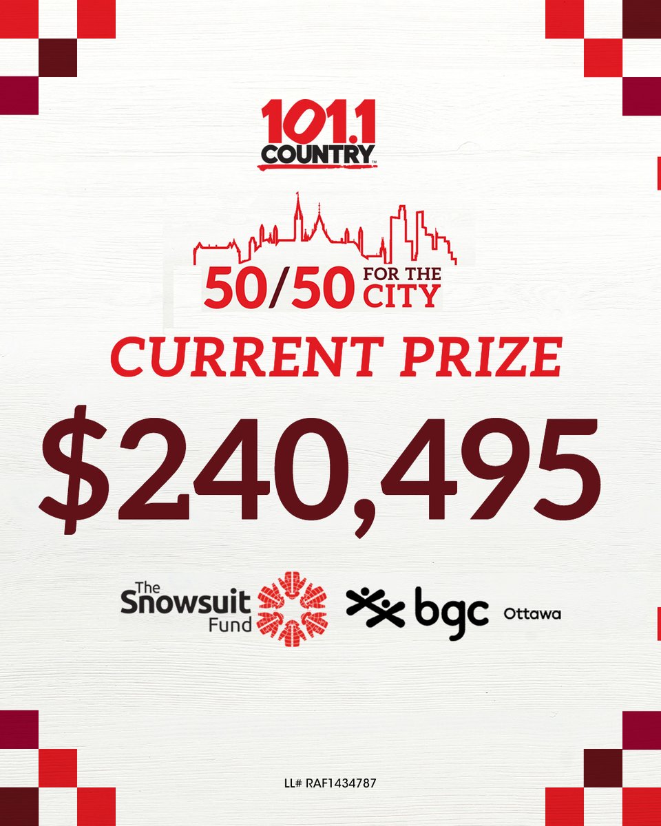 🙌 $240,495 &amp; CLIMBING 🙌

The 50/50 For The City is heating up! 🔥

So grab your tickets while they are hot, because the draw is NEXT FRIDAY, JANUARY 17TH!

The more tickets bought, the more you could WIN!

Proceeds go to Snowsuit Fund and BGC Ottawa

bit.ly/5050forCity