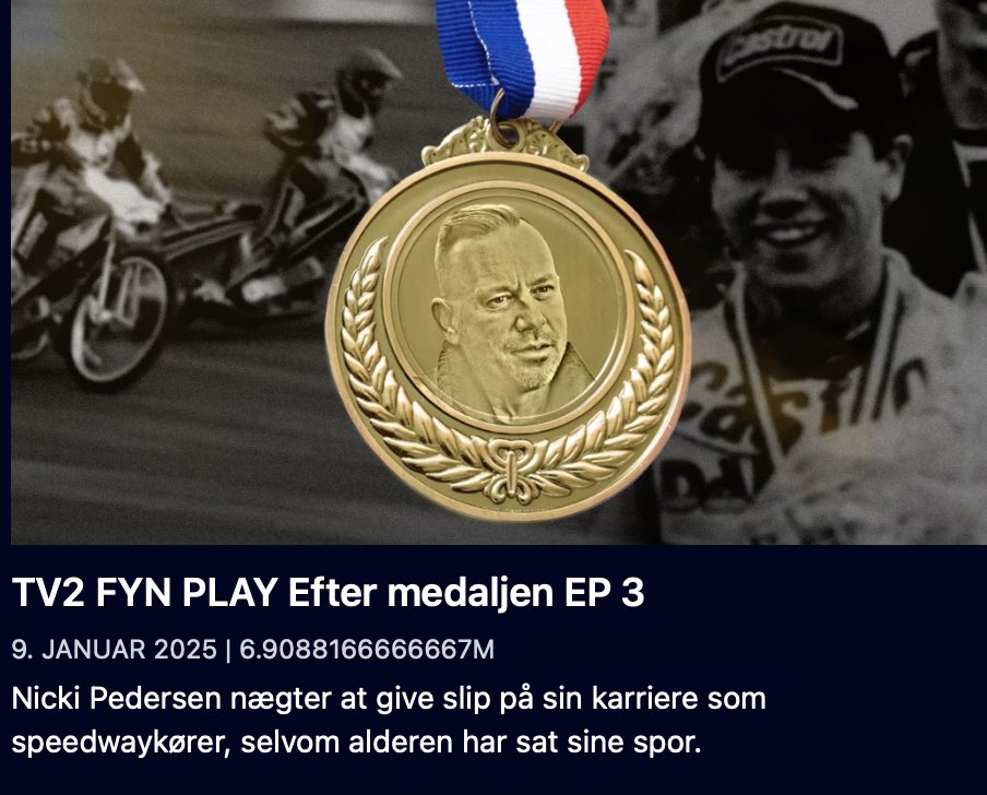 TV2 FYN 📺 Efter medaljen🕺🥇 bliv sendt her til aften kl 19:30. 
Nicki Pedersen nægter at give slip på sin karriere som speedwaykører, selvom alderen har sat sine spor. 
Se udsendelsen her : cdn.jwplayer.com/previews/Dt8xq…