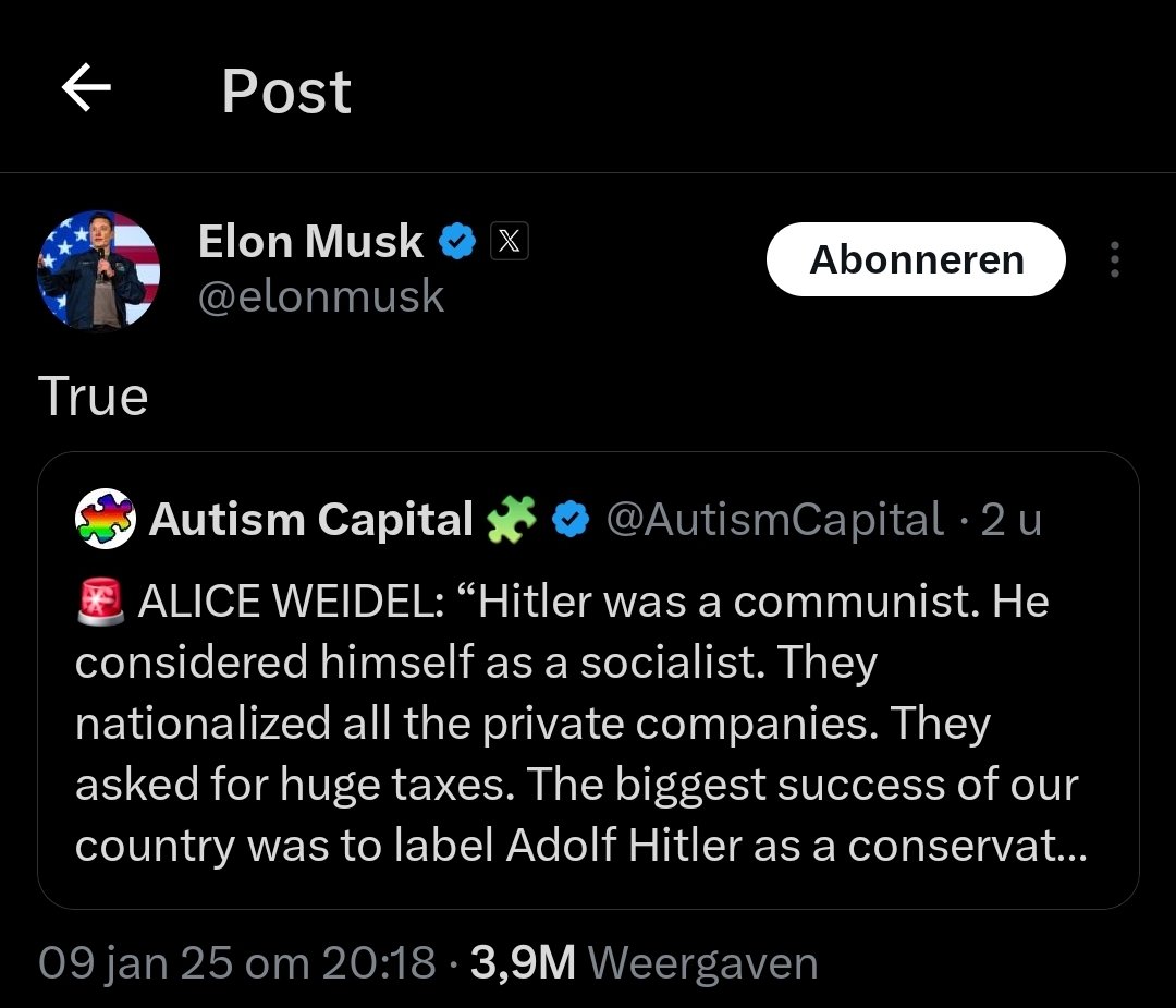Dit soort ahistorische nonsens wordt nu dus zo de ether in gegooid. Het is volstrekte waanzin (owja, de socialisten gingen er al eerste aan), maar nu krijgt het een miljoenenpubliek omdat Musk, een historisch onbenul, dat zo retweet.