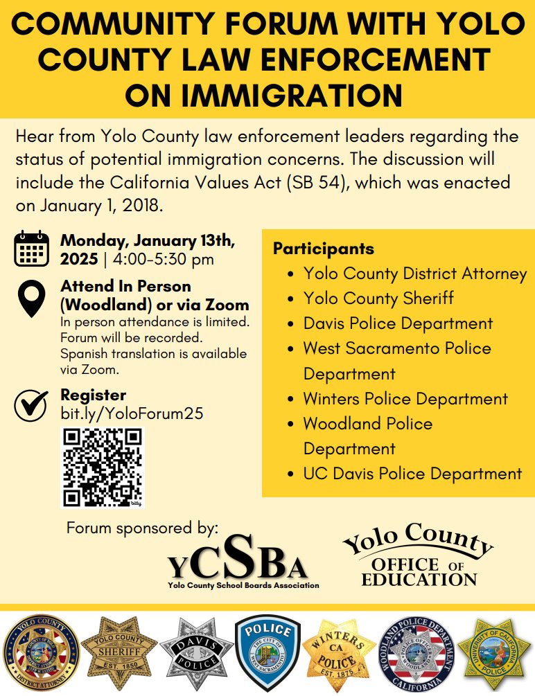 Yolo County law enforcement leaders to hold important community forum on immigration Monday, Jan. 13.
Register to attend in person or via zoom: bit.ly/YoloForum25