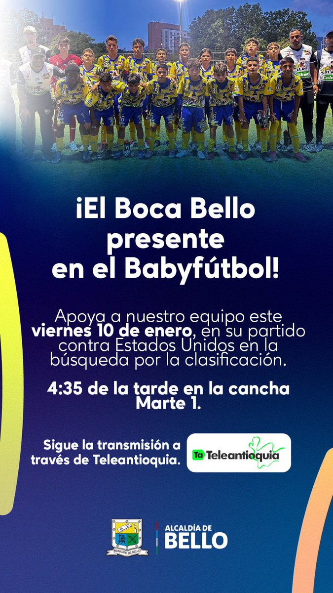 elbocabello's tweet photo. Este viernes, partido definitivo de Boca @InderBello en la Babyfútbol de la @CDLosPaisitas Encuentro frente a EEUU en la Marte 1  las 4 y 35. Todos invitados.
@El_Bellanita @MIBELLOESBELLO https://t.co/eXnPm4q628
