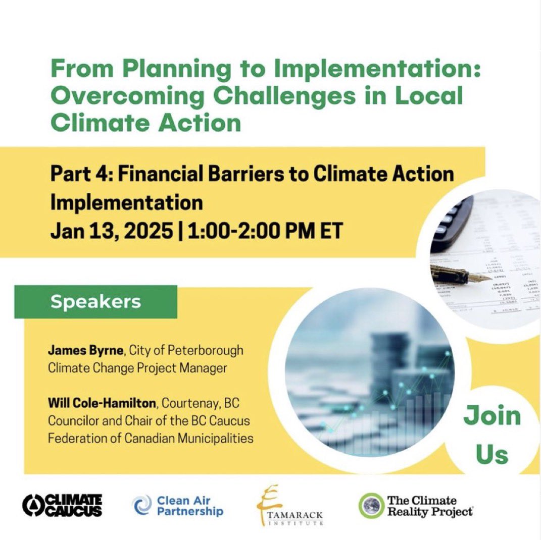 Join us next Mon, Jan 13 for the final installement of our webinar series "From Planning to Implementation: Overcoming Challenges in Local Climate Action", in collab w/ <a href="/CleanAir_Canada/">Clean Air Partnership</a>, <a href="/ClimateLC/">Climate Caucus</a> <a href="/Tamarack_Inst/">Tamarack Institute</a>.

Register here 👉 loom.ly/bmltfLM
