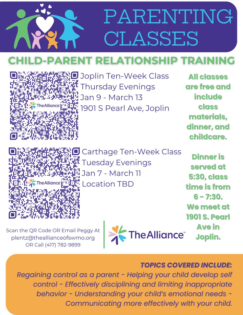 Classes start TODAY! Strengthen your parent-child bond with our FREE Child-Parent Relationship Training!
 Joplin &amp; Carthage locations
 Dinner &amp; childcare provided!
Learn effective discipline strategies, improve communication, and build a stronger relationship with your child.