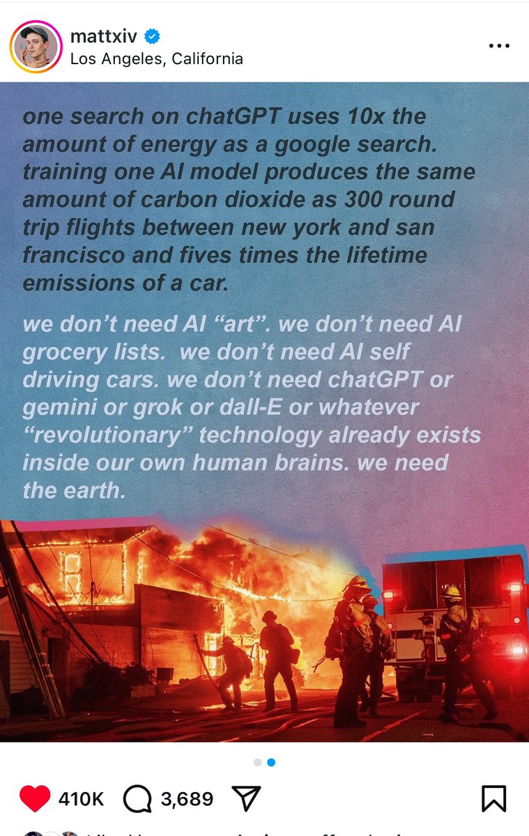 JonLamArt's tweet photo. GenAi does play a huge fucking role in Climate Change, and water shortage. Read how much water it takes for Chat GPT. We don’t need any of this shit @mattxiv https://t.co/Wd1TTIfrUa