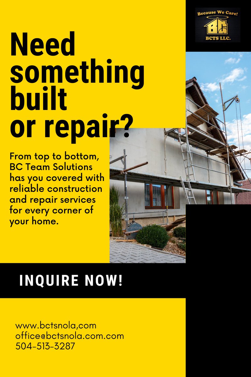 BCTeamSolutions's tweet image. 🔨 Need Something Built or Repaired?
BC Team Solutions offers reliable construction &amp;amp; repair services at affordable rates in Louisiana. Call 📞 504-513-3287 for a quote!
#HomeRepairs #LouisianaContractor #BCTeamSolutions #AffordableRates #ReliableService #CallToday