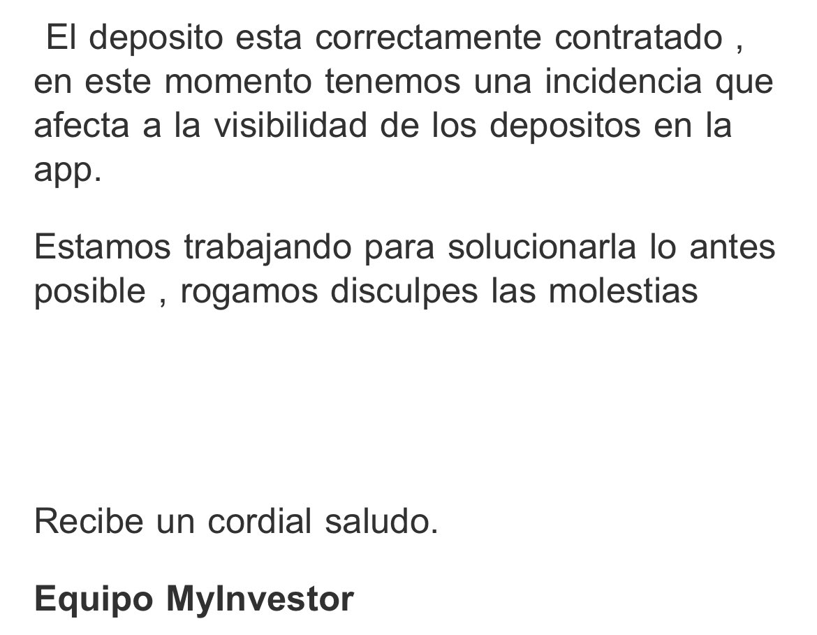 _nidomo's tweet photo. @carsman9 @MyInvestorES A mi me han respondido esto. En mi caso no me aparece nada en relación el depósito que he contratado, solamente el movimiento de salida del depósito, nada más. Espero que se solucione pronto. https://t.co/WSOEGF5vgS