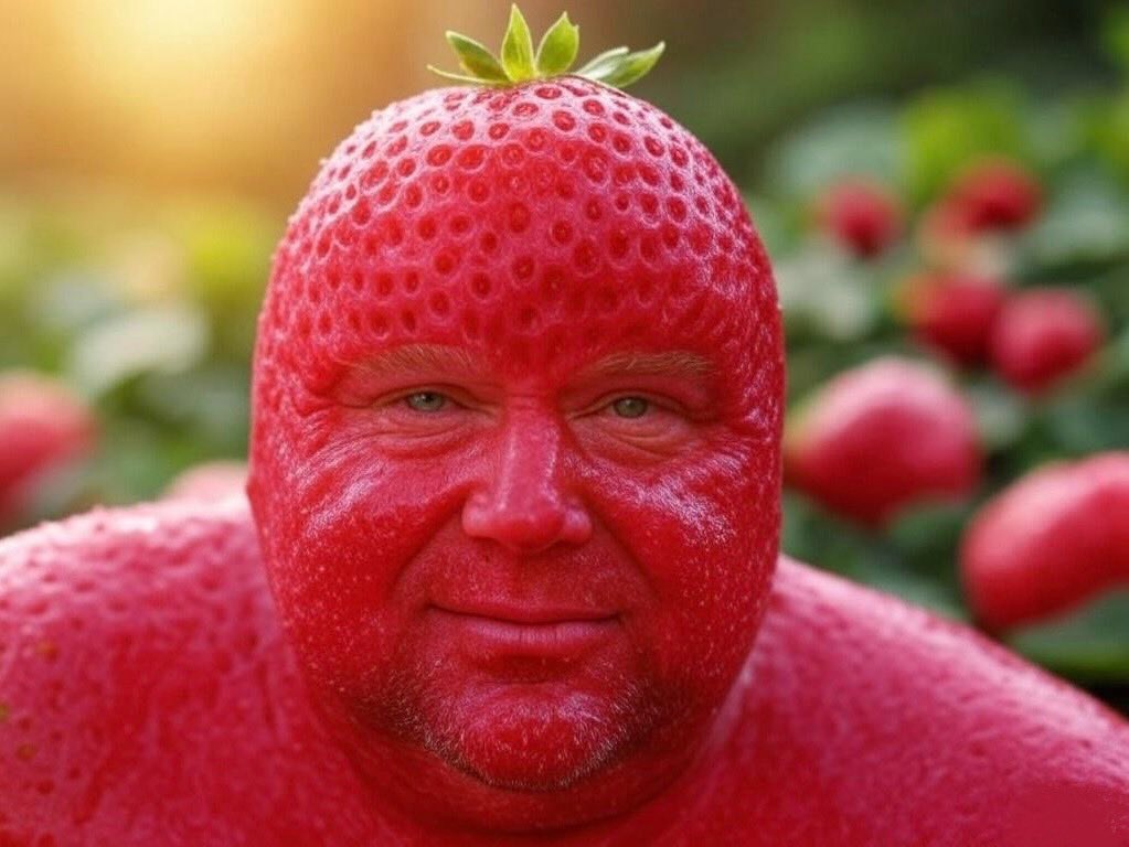 RareAlexJones's tweet photo. The exciting conclusion to this 3 day art exposition. Alex Jones reimagined as my favorite fruit, the strawberry. @RealAlexJones https://t.co/EHWkF04RoG
