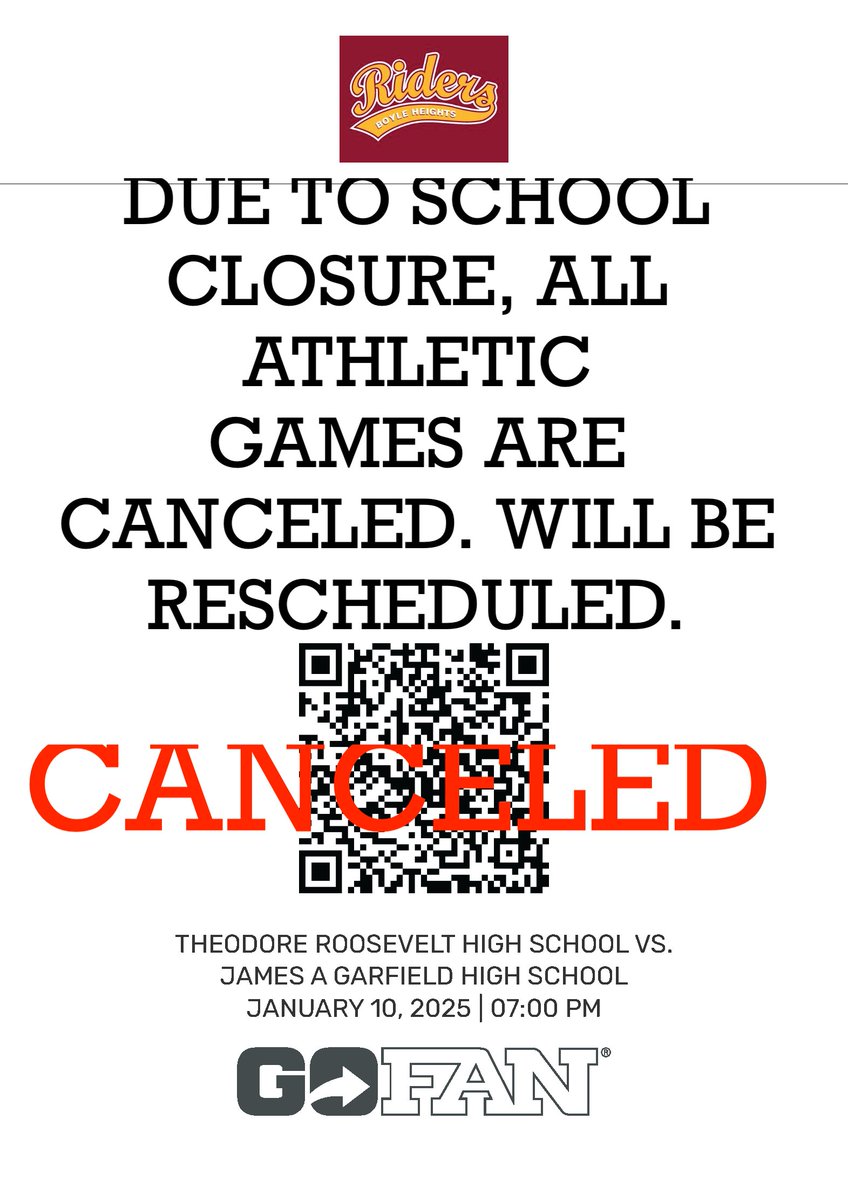 🚨 GAME UPDATE 🚨

Due to the school closure, Theodore Roosevelt vs. James A. Garfield game originally scheduled for January 10, 2025 has been CANCELED.

We are working to reschedule the game for a later date — stay tuned for updates! 🗓️

Thank you for your understanding