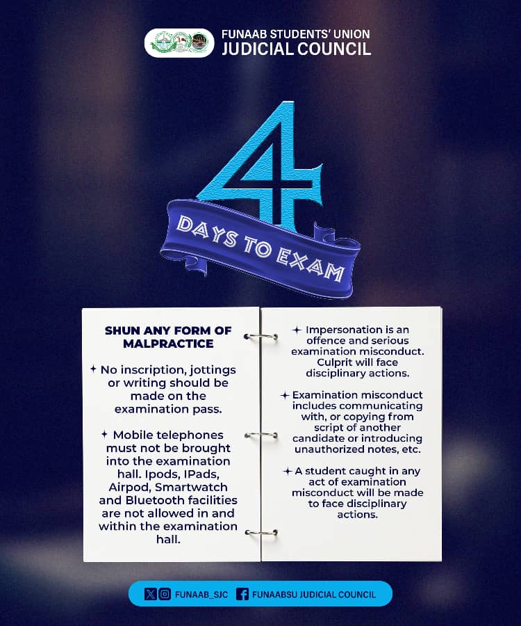 funaabsujc's tweet photo. Preparation acts as an examination anti-malpractice, Stay guided, Stay focused, Stay prepared, No device, No lose guard
#FEC
#SRA
#FJC
#NAAS
#COLLEGEEXCOS
#DEPARTMENTALEXCOS
#HOCs
#SayNoToExaminationMalprctice https://t.co/SIeB3leyvl