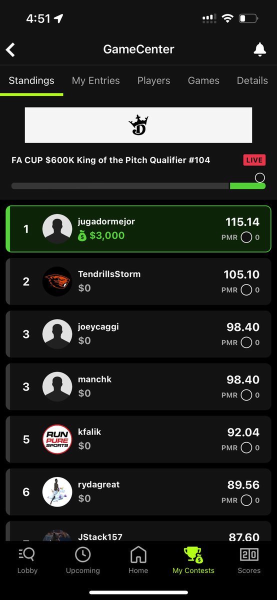 cvalence15's tweet photo. Locked up seats 2 and 3 in #KingOfThePitch the last two days. #DraftKings #LFG https://t.co/N054wkFEwZ