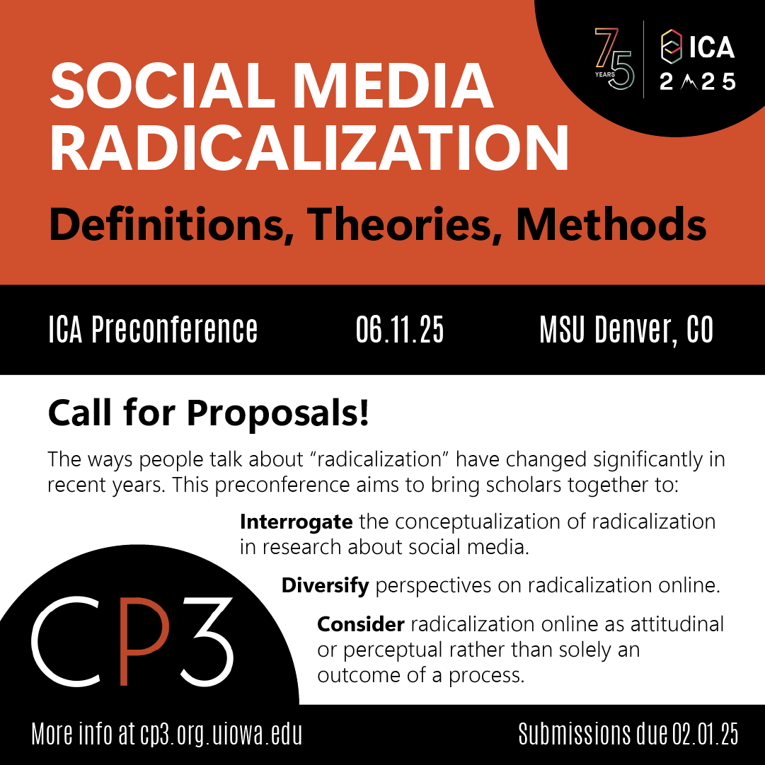 I'm planning a pre-conference on radicalization online for ICA this year. We're accepting submissions until Feb 1. Happy to answer questions here, but there's more info at cp3.org.uiowa.edu/ica-2025-preco…