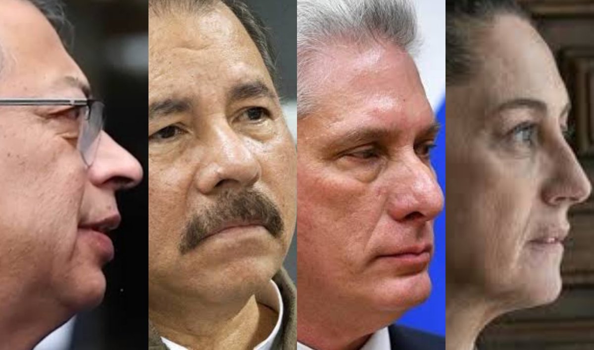 Los cuatro gobernantes que apoyan la dictadura de Maduro son: Daniel Ortega (Nicaragua), Miguel Díaz-Canel (Cuba), Gustavo Petro (Colombia) y Claudia Sheinbaum (México).