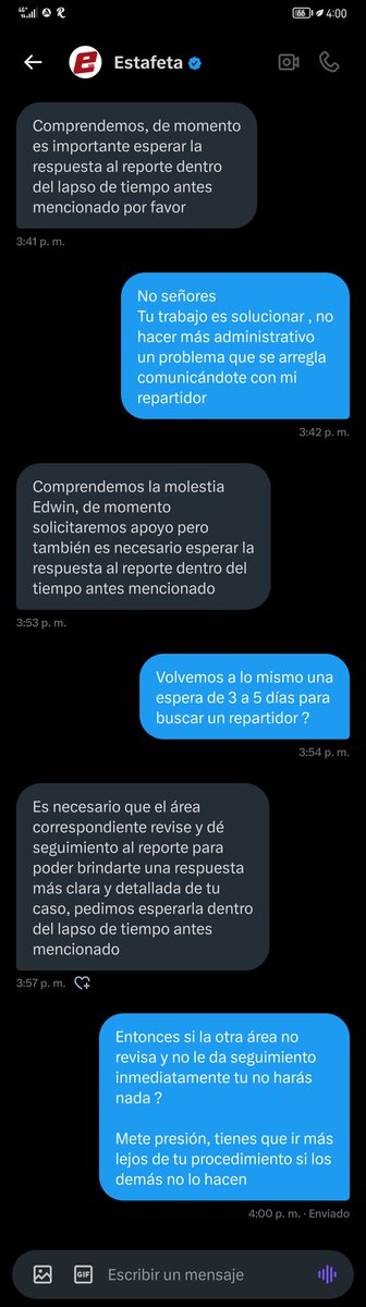 3 a 5 días a que contacten un repartidor ? 

Una sola llamada , un solo correo , o un solo mensaje se tardan 3 a 5 días. ? 
No es posible lo que dices en DM. <a href="/estafeta/">Estafeta</a>