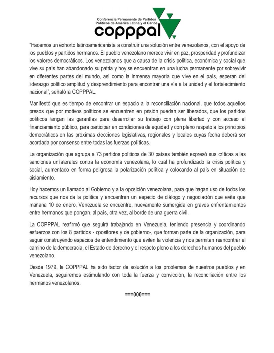 #enero9 | Comunicado de la Comisión Permanente de Partidos Políticos de América Latina.