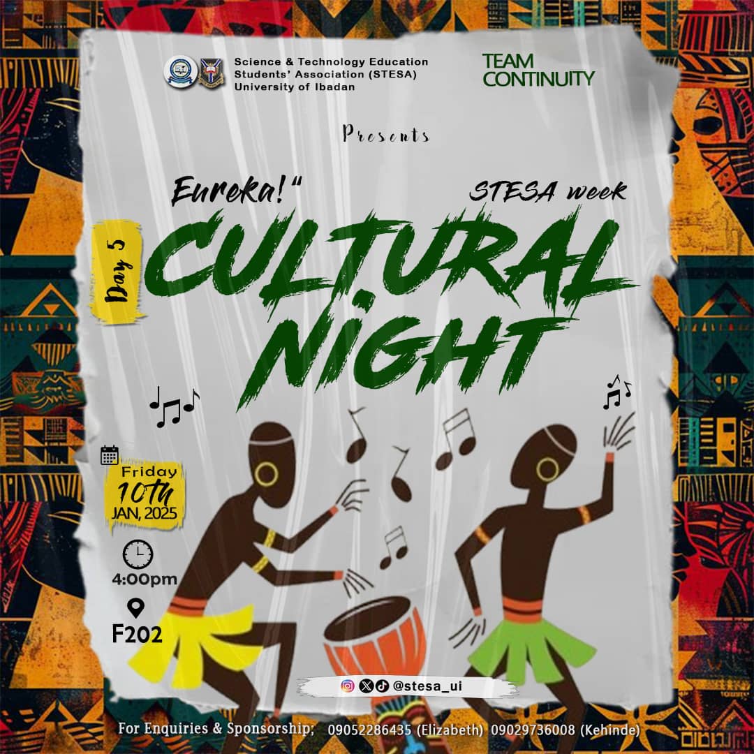 stesa_ui's tweet photo. STESA WEEK⚡: Day 5
CULTURAL NIGHT🪘 (Alẹ Àṣà Wa)

"🎶 Àní Ijo fújì larin rin, ẹ lé bẹrẹ mọ lẹ kẹ máà raa....🎶"

The loudest event of the week is finally here! Bring your full energy✨ because there will be lots of fun, dancing, delicious food😋, and cultural displays https://t.co/pk6ob5F1fb