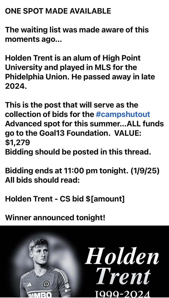 #campshutout auction for one ADVANCED spot going on now on Facebook page: @coachstananderson. Open to anyone who wants to bid. July 20-25, 2025 are the dates. Details on image.