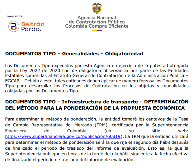 bpaabogados's tweet photo. ¡Atención a las Entidades Estatales y Contratistas! 🚧🛠️

@colombiacompraeficiente_cce 🌟 ha emitido las nuevas versiones de los Documentos Tipo para obras de infraestructura de transporte 🚆 bajo la modalidad de selección abreviada de menor cuantía. Estos documentos son de obligatorio cumplimiento 📝 y establecen criterios claros para la ponderación de las propuestas económicas 💰, utilizando la Tasa de Cambio Representativa del Mercado (TRM) 📊 publicada por la Superintendencia Financiera.

🔍 ¿Qué debes saber?
1️⃣ Aplica a procesos publicados a partir del 3 de febrero de 2025.
2️⃣ La TRM utilizada será la publicada el segundo día hábil posterior al periodo de traslado del informe de evaluación.
3️⃣ Se incorporan métodos innovadores como la media geométrica y aritmética baja, entre otros.

💡 Descubre mas respecto de compras públicas en nuestras redes sociales 👉 
Para visualizar el documentos completo hacer click en el link➡️https://t.co/ITzhqa6VWL  

#JuntosSomosMás #BPinforma #ContrataciónEstatal #MoverNosMueve