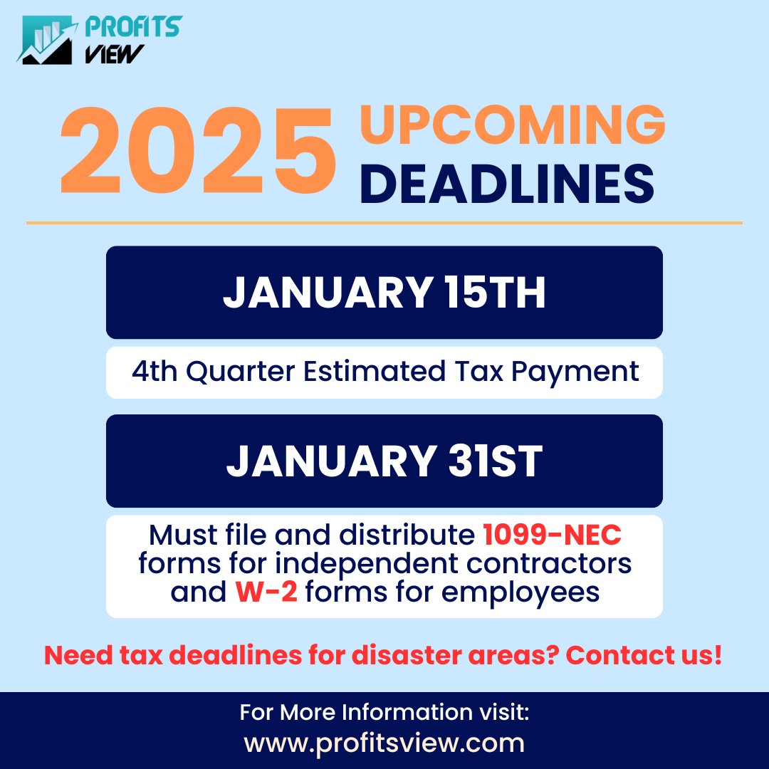 Profitsview009's tweet photo. Important deadlines are fast approaching!🗓️ 

Stay organized and meet these key deadlines to keep your tax matters in order!

#IRS #Profitsview #TaxTips #California #Smallbusinessowners #Smallbiz #TaxDeadlines https://t.co/BzdOnXRXGL