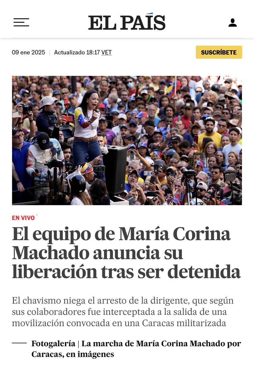 IRamonet's tweet image. « EL PAÍS » SIGUE MINTIENDO. 
M C MACHADO NUNCA FUE DETENIDA, NI « LIBERADA ».
NO SABEN COMO DESMENTIR SU FAKE NEWS SIN ADMITIR QUE MINTIERON.
RUINA MEDIÁTICA!!😪