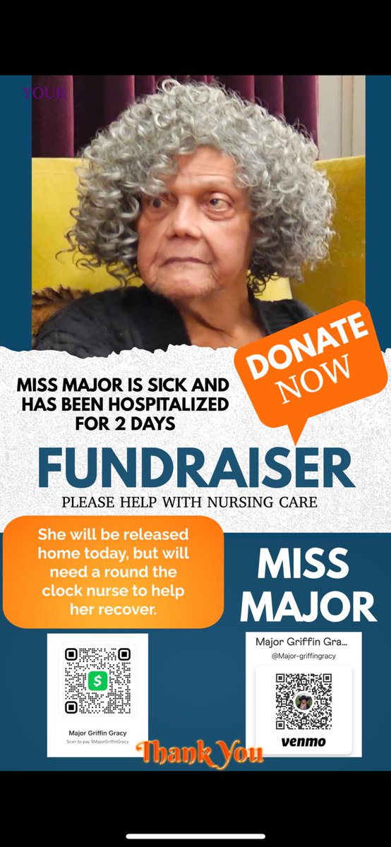 immissmajor's tweet photo. MISS MAJOR IS SICK AND HAS BEEN HOSPITALIZED FOR 2 DAYS
FUNDRAISER
PLEASE HELP WITH NURSING CARE
She will be released home today, but will need a round the clock nurse to help her recover. https://t.co/tOgx8onrG4
