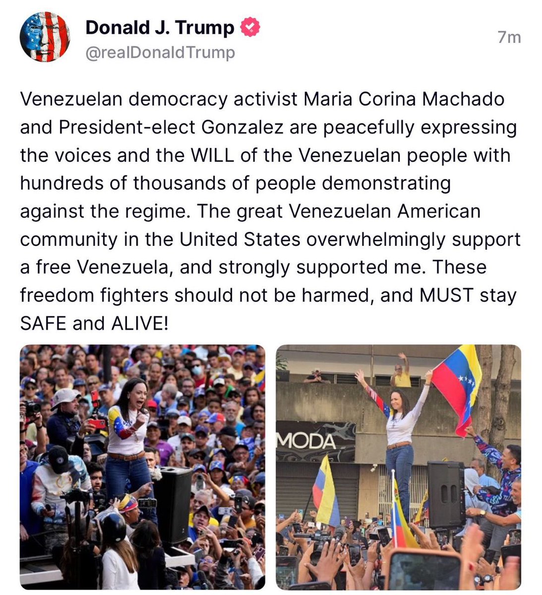 #ÚLTIMAHORA | Se pronuncia el presidente Donald Trump en apoyo a María Corina Machado:

“María Corina Machado y el presidente electo Edmundo González están expresando sus voces (…) Apoyamos una Venezuela libre. Estos luchadores por la libertad deben mantenerse seguros”.