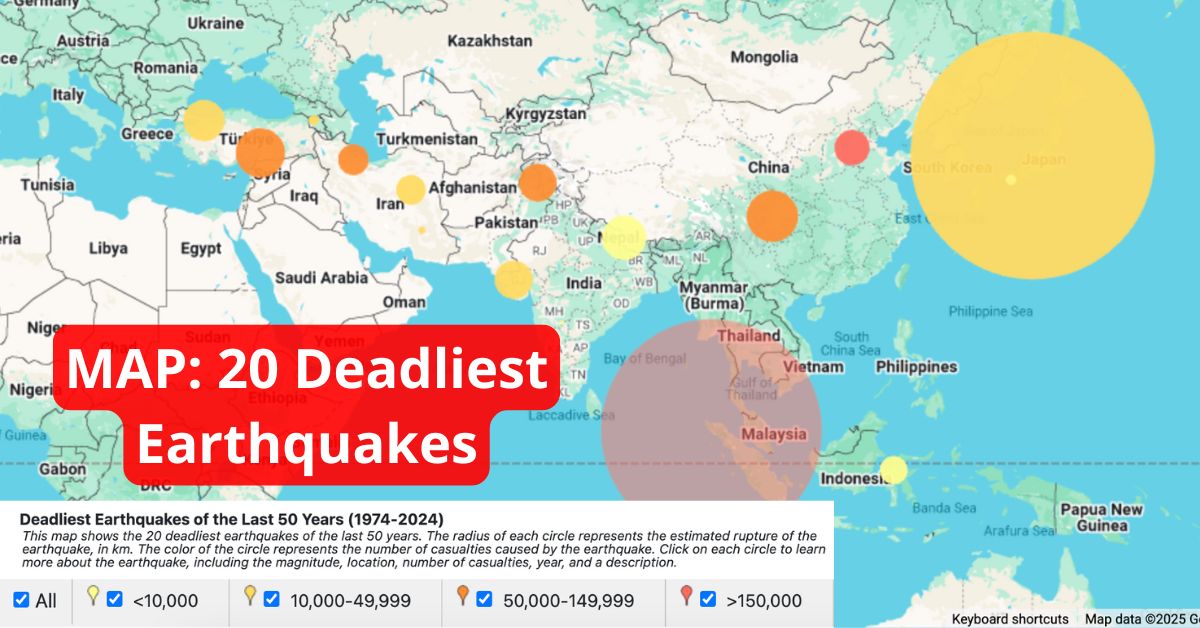 Have you ever wondered why over 80% of earthquakes happen around the "Ring of Fire" in the Pacific Ocean? We created a new interactive map of the deadliest earthquakes of the last 50 years to learn about the geographic pattern. 🌏

Check out the map: zeemaps.com/world-of-maps/…