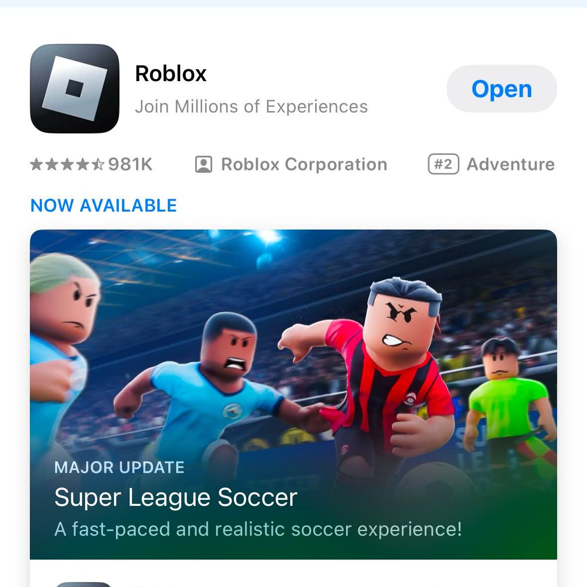 "Super League Soccer!" as the thumbnail of Roblox on the appstore !!! 
😄