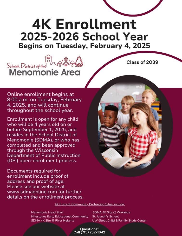 Do you have a child who is 4 Years of age and eligible for the SDMA 4K program?  The enrollment packet will be available on our website on Friday, January 31, 2025, and the online enrollment begins at 8:00 a.m. on Tuesday, February 4, 2025
sdmaonline.com/cms/One.aspx?p…