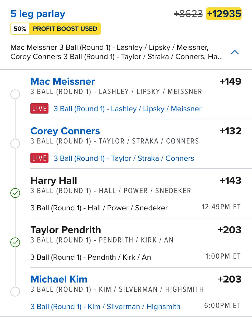 DomsTheB0MB's tweet image. Early wave goes 2/2, on to the afternoon guys!⛳️👀

✅Pendrith
✅Hall

I’ll post updates when they all get to the halfway mark, the last 3 guys are starting their round right now🤝